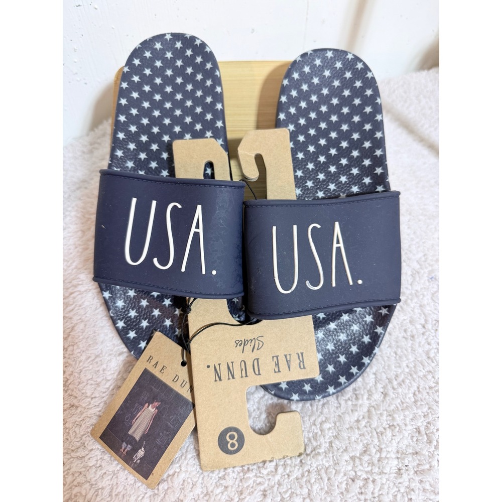 Rae Dunn USA Slides Navy Blue Stars Patriotic Sandals Women's Size 8 NWT